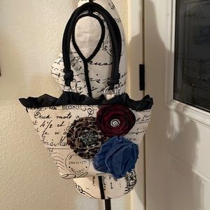 Fringe & Frills original shoulder purse w/paris material & flowers w/jewels
